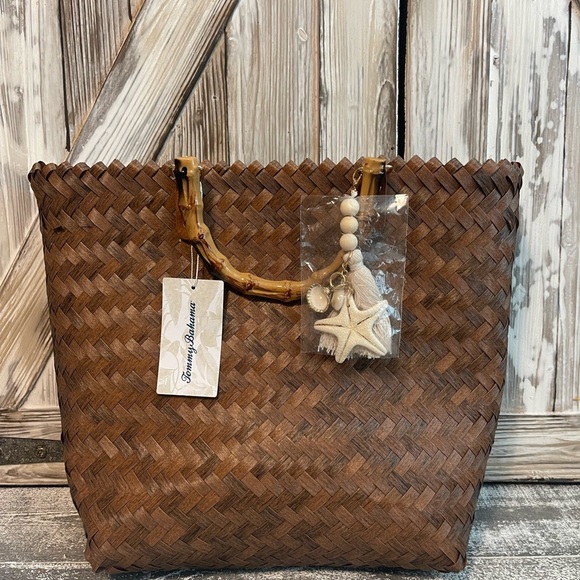 Tommy Bahama Handbags - Tommy Bahama NWT Large Woven Tote Bag Brown Bamboo Handle Beach Resort Purse